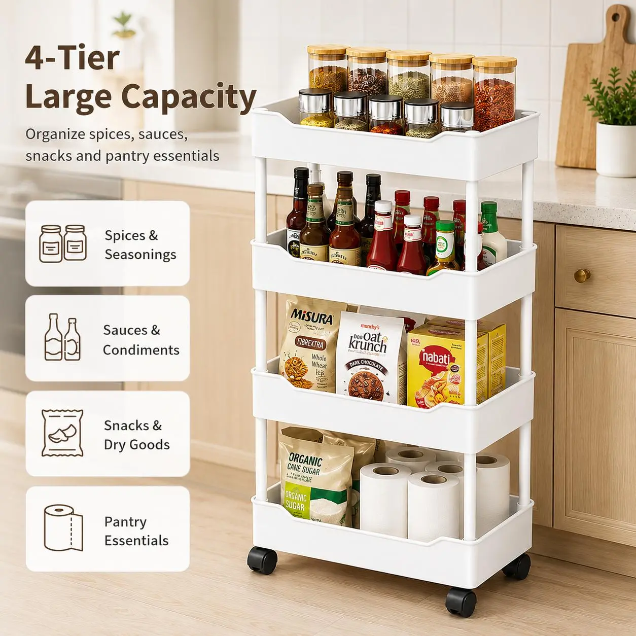 4-Tier Rolling Storage Cart - Mobile Utility Organizer Shelves with Wheels for Kitchen, Bathroom, Bedroom, Laundry Room
