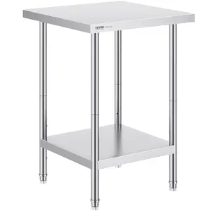 VEVOR Stainless Steel Prep Table, 24 x 24 x 34 Inch, 700 lbs Load Capacity, Heavy Duty Metal Worktable with 3 Adjustable Height Levels, Commercial Workstation for Kitchen Garage Restaurant Backyard