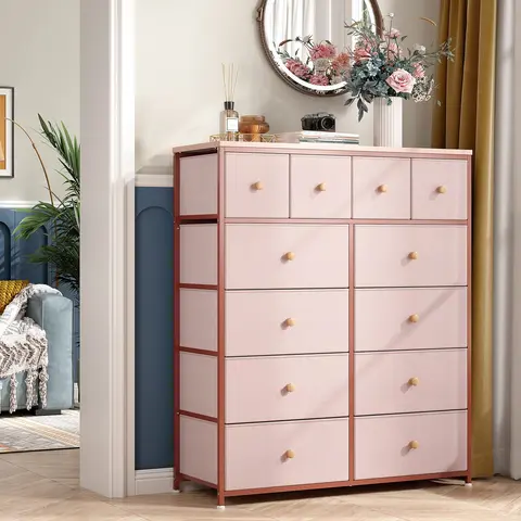 Raybee 12-Drawer Fabric Storage Cabinet - Indoor Cupboard, 12lb Load Capacity, Wooden Waterproof Top, Metal Frame, 4 Medium Scratch-Resistant Drawers, Adjustable Feet, Storage Cabinet Chest, Dresser for Bedroom, Modern Room Decor, Anti-Tip Safety