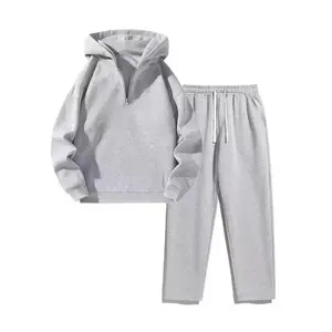 Men's Plain Two-piece Sweatsuit Set, Basic Regular Fit Casual Drop Shoulder Half Zip Hoodie & Pocket Drawstring Sweatpants, Men's Clothing