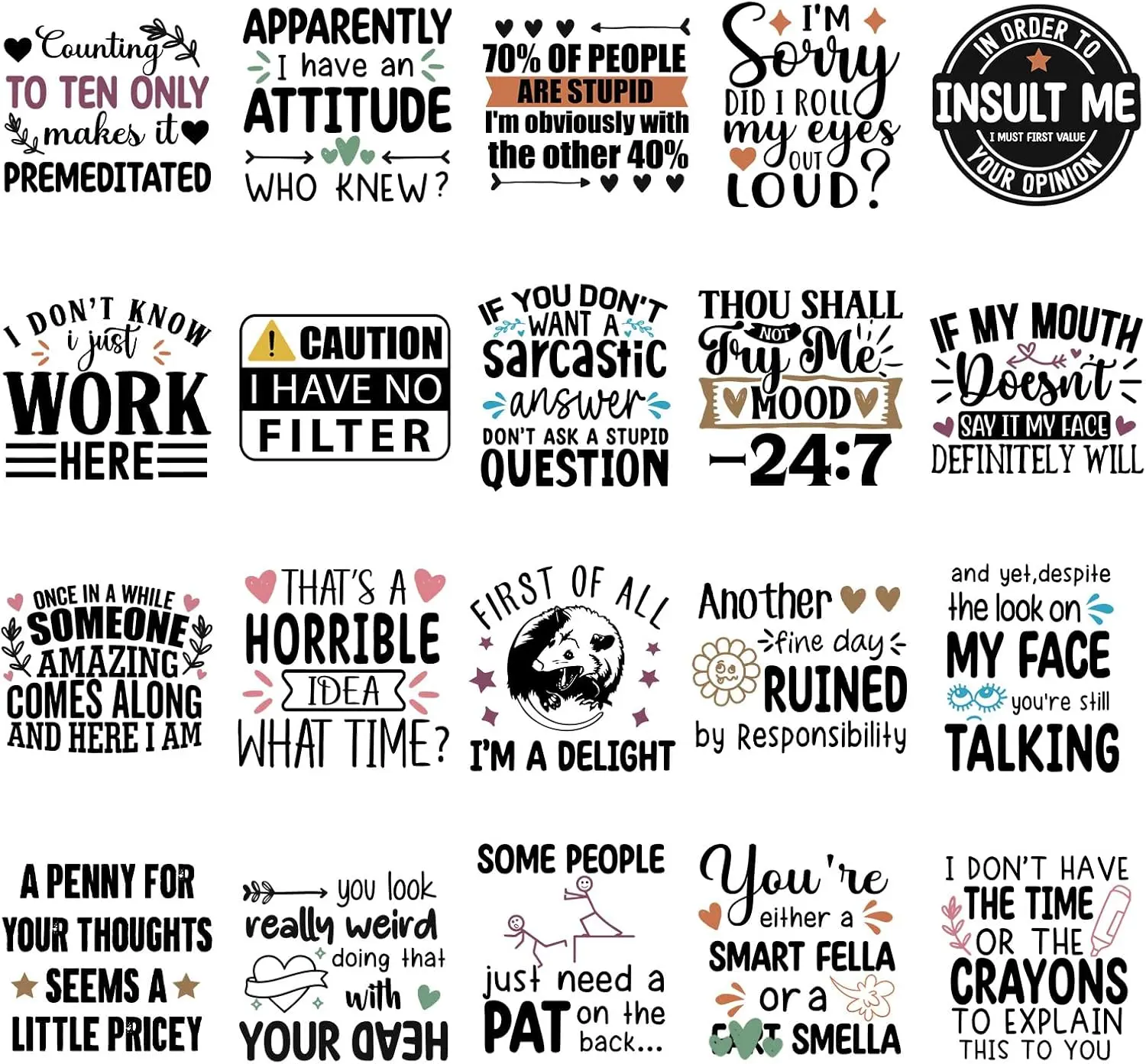 Sarcastic Iron Transfers for Tshirts - 20Pcs Dtf Transfers Ready Press, Funny Quotes Iron Decals Patches, Humor Phrases Heat Transfer Stickers for Clothing Bags Hat DIY Crafts
