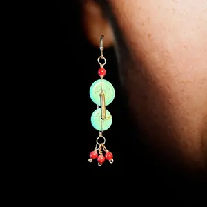 Jewelry Designs by Brandy Frazier Handmade Beaded Wire Earrings with Turquoise and Red Glass Beads