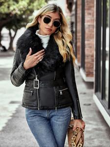 women's pu leather jacket with detachable fur collar, casual fitted biker style coat for all seasons, warm winter outerwear