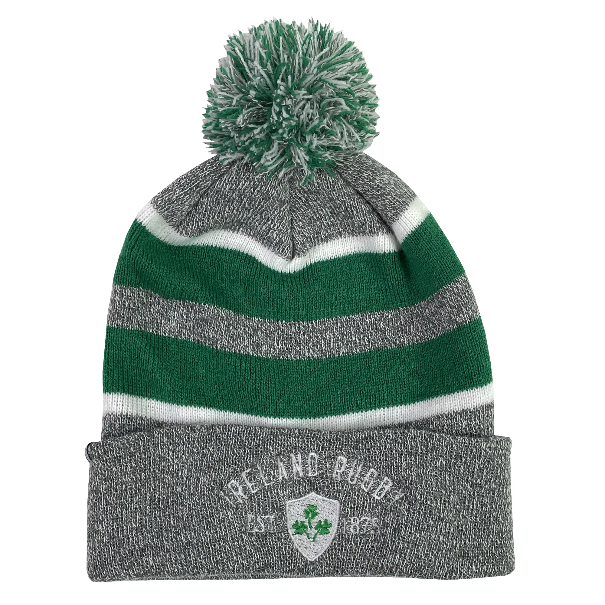 Ireland Rugby 1875 White Text Hooped Pom-Pom Beanie