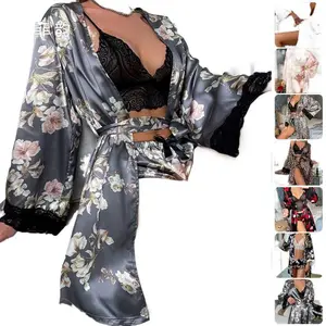 Lace Trim Robe - Sexy Kimono Housecoat for Women Fabric Lightweight Womenswear Elegant Adjustable Feminine Gowns Loungewear Nightwear Wrap