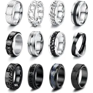 FINREZIO 12PCS Stainless Steel Band Rings for Men Women Fidget Spinning Chain Ring Fidget Ring Anxiety Relief Ring for Men Fashion Simple Wedding Engagement Black Ring Set Size 7-13 Daily