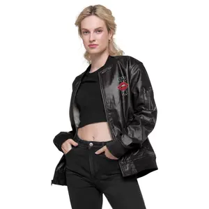 Kiss Me Vampire Lips Black Leather Bomber Jacket