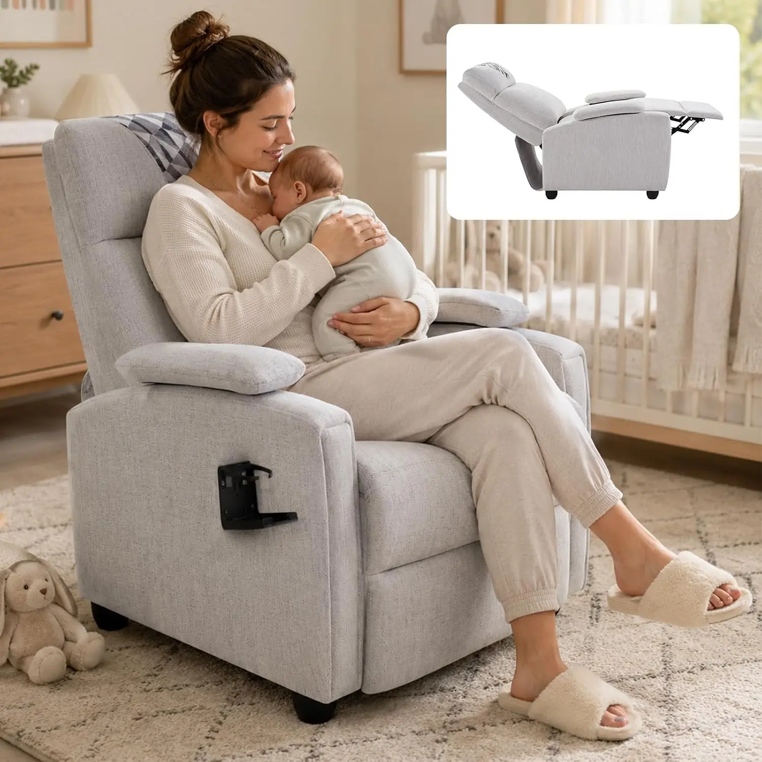 Modern Small Recliners for Adults, Gray Recliner Chair with Cup Holder, Push Back Recliners for Small Spaces Living Room Bedroom, 90°-160° Adjustable, Extended Footrest (Light Gray)