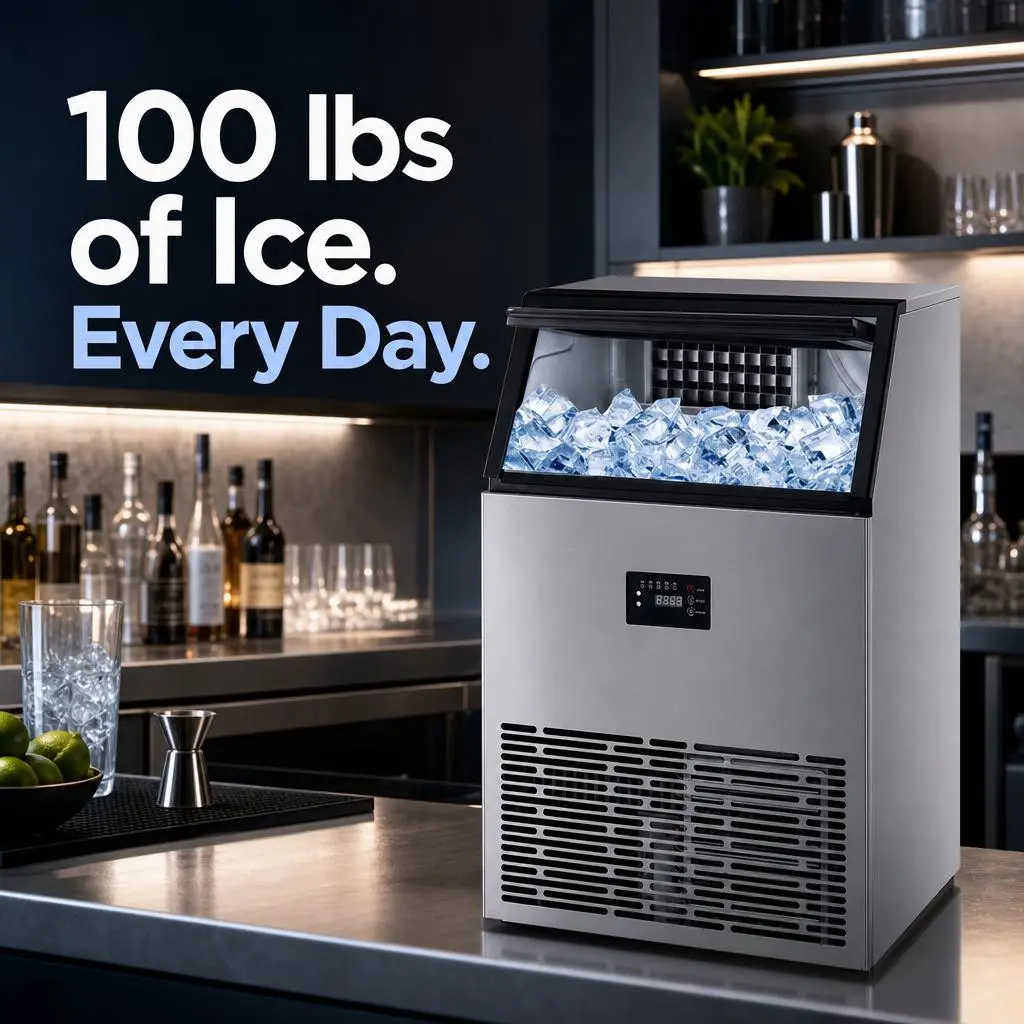 Commercial Under-Counter Stainless Steel Ice Maker Machine - 120lbs/day Output, 40lbs Storage Bin, Dual Water Supply (Tap/Bottle Use), 18kg Capacity, 45grid Tray Output, 21.5" L x 19.1" W x 32.7" H, Suitable for Restaurants, Garage
