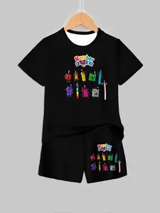 Boys' Numberblocks Short Sleeve Two-Piece Set, Casual Fitted Tee & Shorts, Asymmetrical Design, Natural Waist, Random Print, Clothing Sets