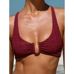 Wine Red Textured U-Ring Cross Back Bikini Top