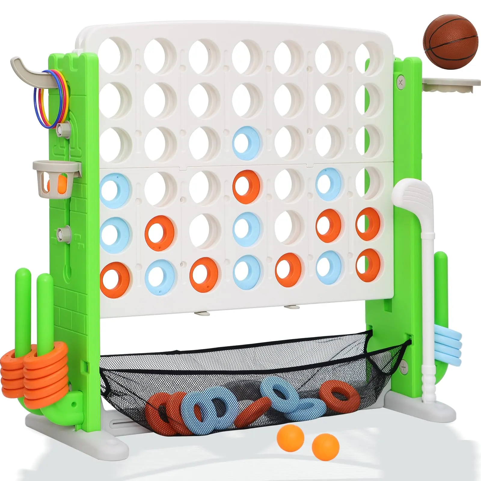 Jumbo 4-in-1 Connect 4 Game Set for Kids - Adjustable Height Sports Toy with Mesh Catching Bag, Golf, Basketball Hoop, Ring Toss, PVC-Free, Easy Assembly for Indoor/Outdoor Learning & Fun