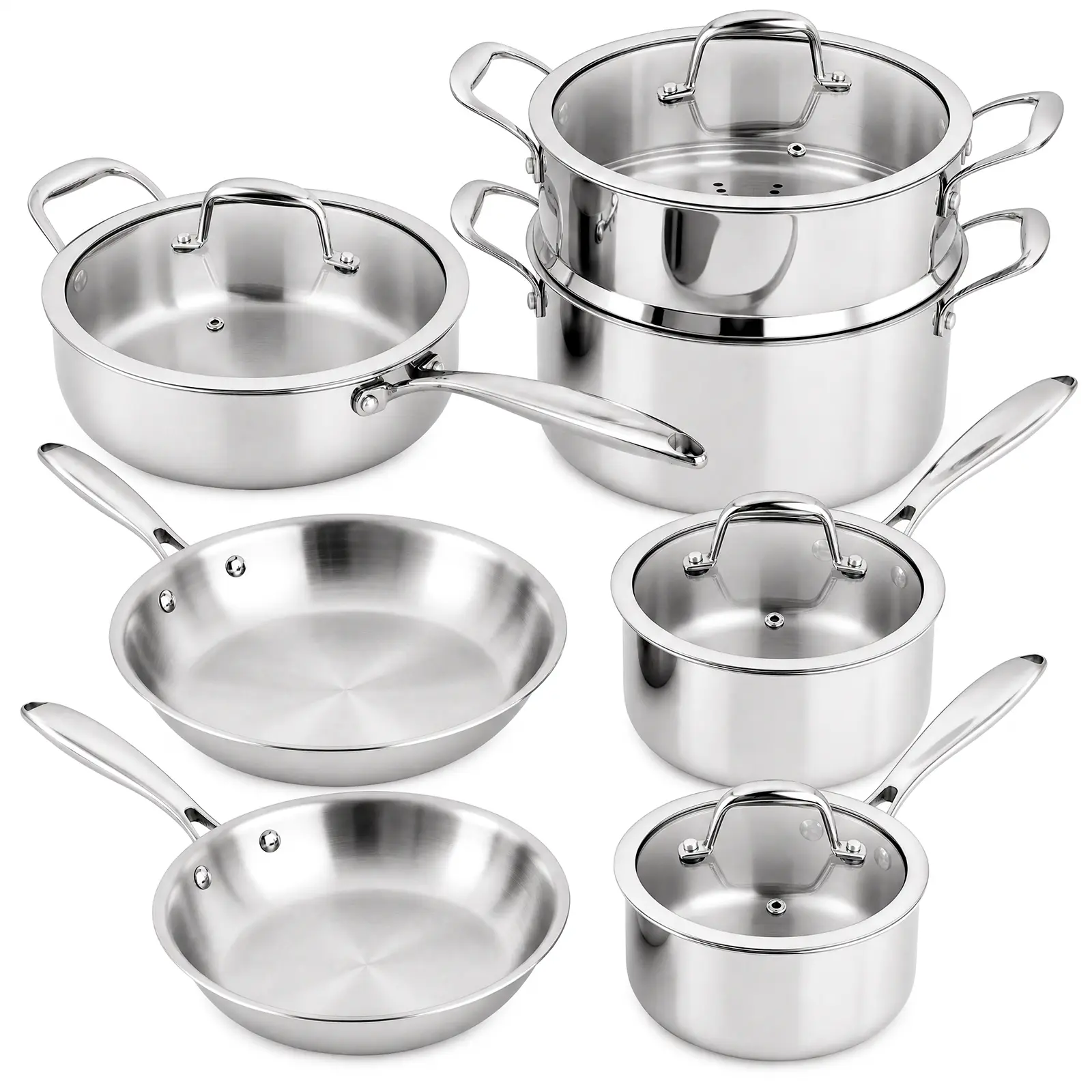 USELUCK 11-Piece Snowclad Stainless Steel Nontoxic Cookware Set - Coating-Free Pots and Pans, Aluminum Core for Even Heat, Stay-Cool Handles, Induction Compatible,snowclad cookware,familyfun