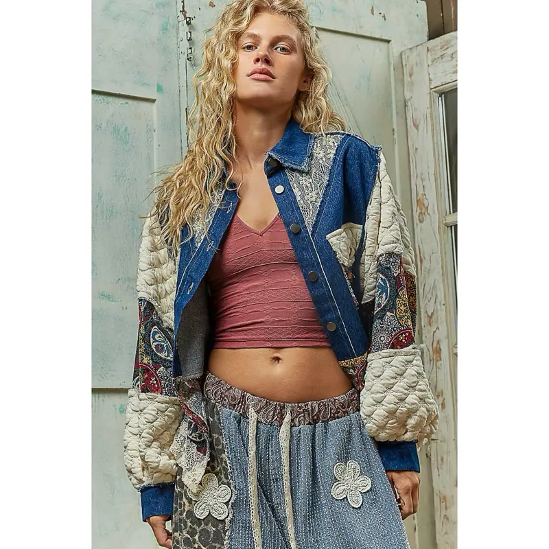 Savannah Keepsake Jacket - Patchwork Denim Shacket Pearl Lace Balloon Sleeve Boho Jacket