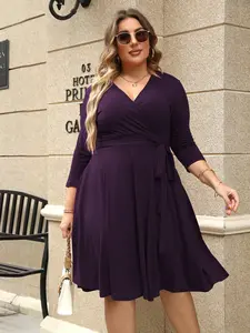 【Plus Size】Trendy Plain Wrap V Neck Belted A Line Plus Size Dress, Women's 3/4 Length Sleeve Solid Dress, Fall Outfit