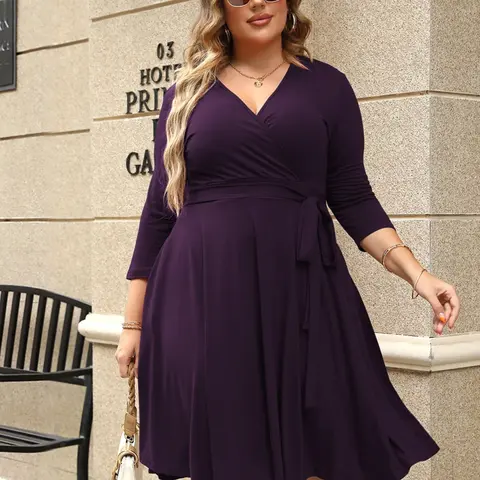 Plus Size Plain Wrap V Neck Belted A-Line Hem Dress, Women's 3/4-Length Sleeve Solid Dress for Fall, A Line Dresses