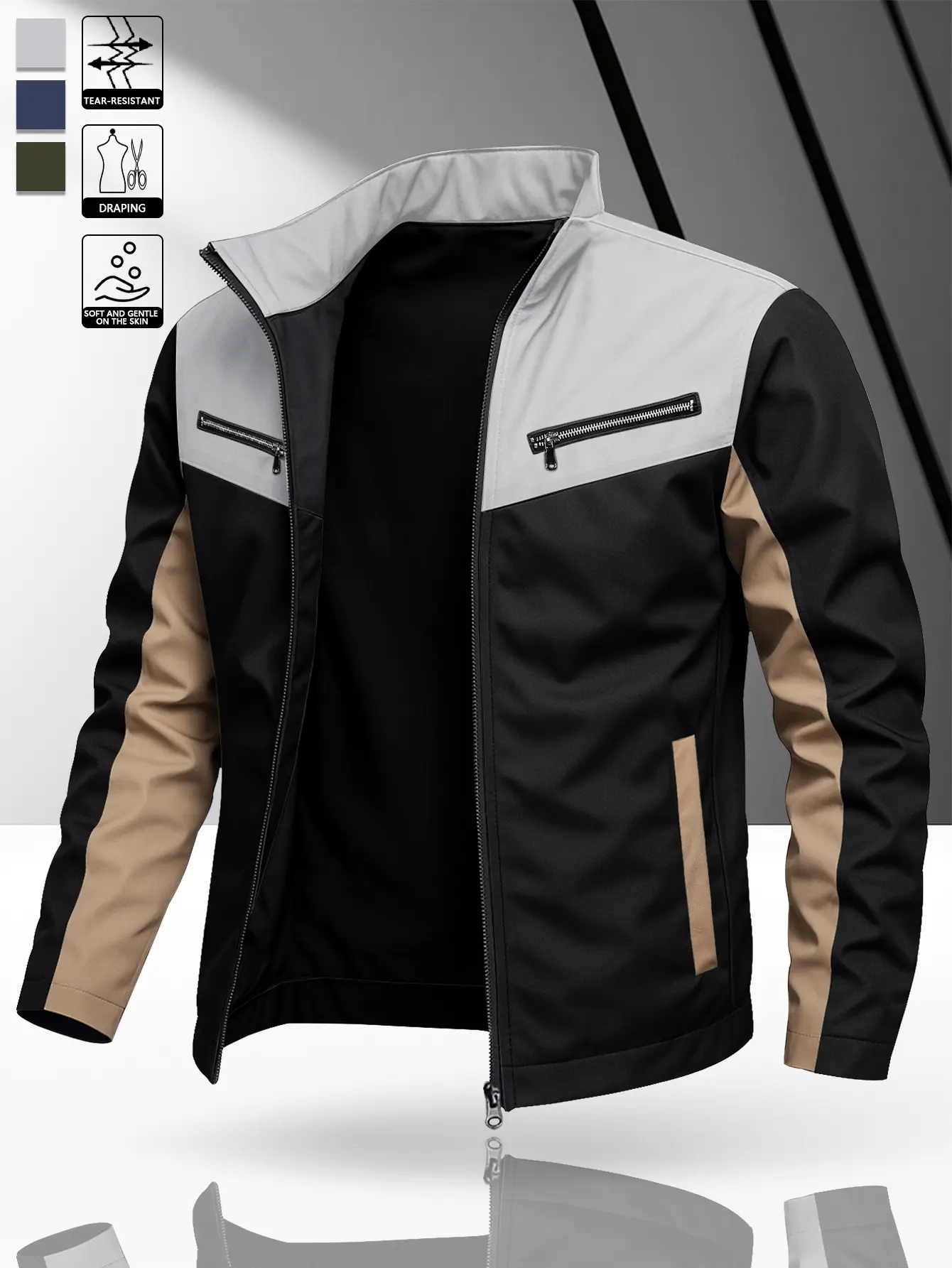 Men's Casual Stand-Collar Patchwork Zip-Up Tops - Durable Windproof Long-Sleeve Menswear Jackets with Multiple Pockets, Suitable for Riding, Everyday Casual Wear