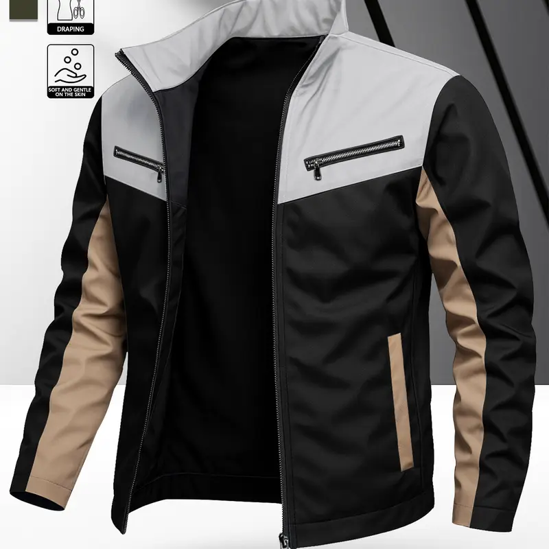 Men's Casual Stand Collar Patchwork Zip Up Tops Durable Windproof Long Sleeve Menswear Jackets with Multiple Pockets, Suitable for Riding, Everyday Casual Wear