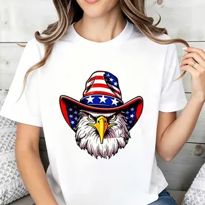 American Eagle Patriotic Cowboy Hat Women's T-Shirt United States Flag Design Summer Casual Wear Gift For Independence Day Celebrations