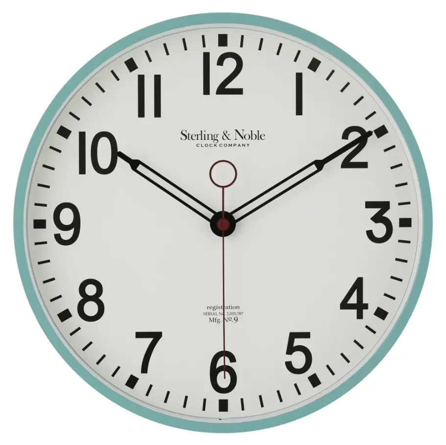 11.5" Round Mint Green Retro Schoolhouse Wall Clock – Arabic Numerals, Analog Design