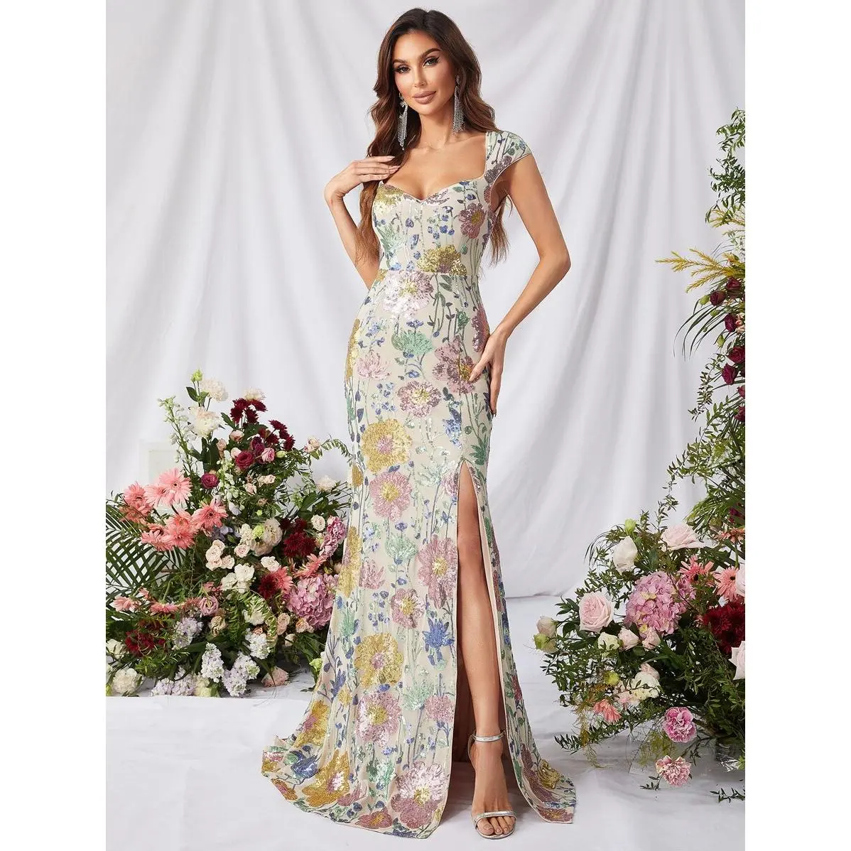 Floral Sequin Pattern Split Thigh Dress Elegant Formal Evening Prom Wedding Guest Gown, For Graduation, Dinner