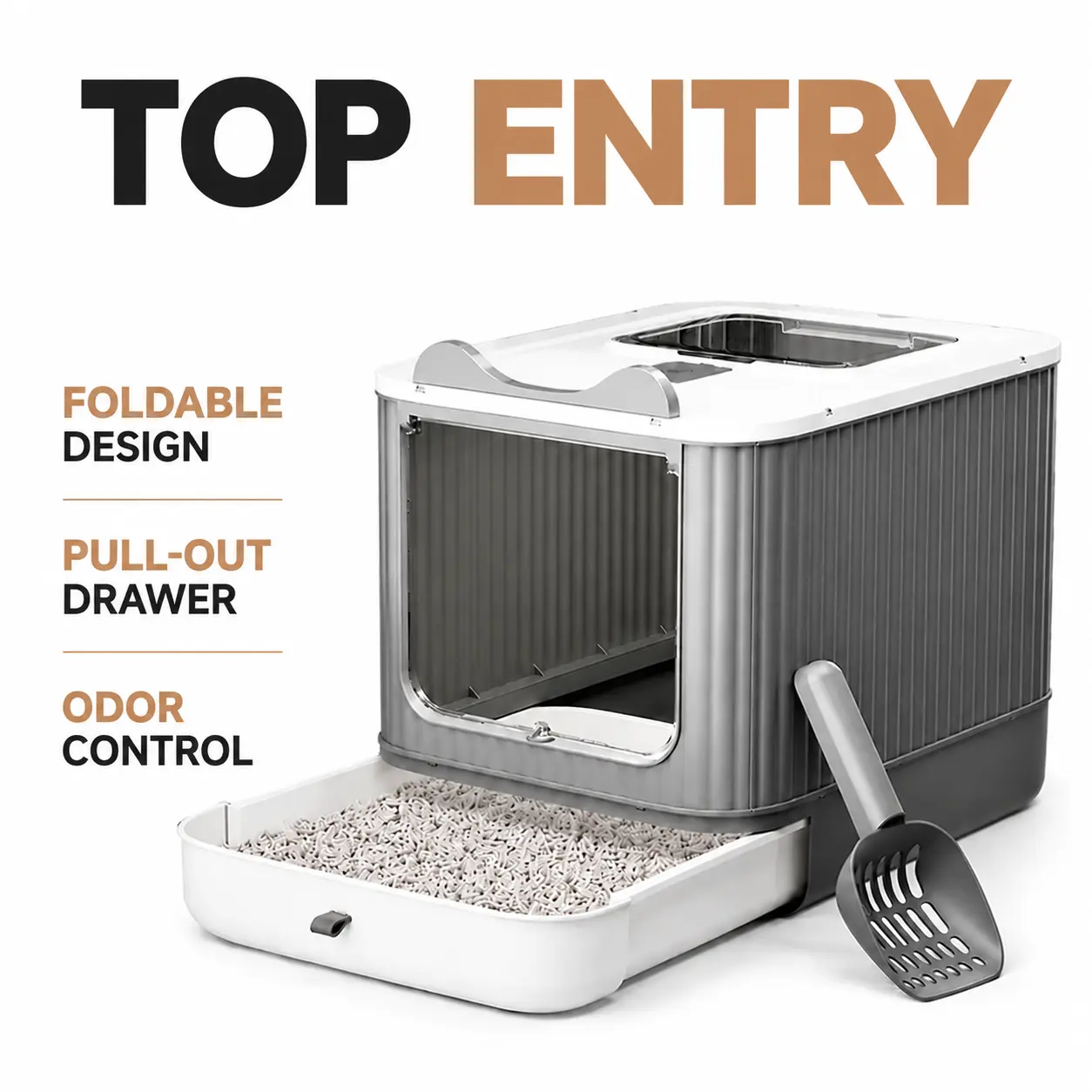 Large Foldable Top-Entry Enclosed Cat Litter Box with Pull-Out Drawer, Odor Blocker, Easy-Clean Tray & Scoop, Mess-Free