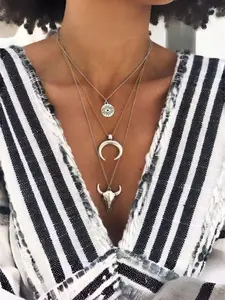 3pcs Coastal Cowgirl Necklace Stack, Evil Eye Moon Horn Bull Skull Pendants, Boho Style Alloy Chain, All Seasons Jewelry