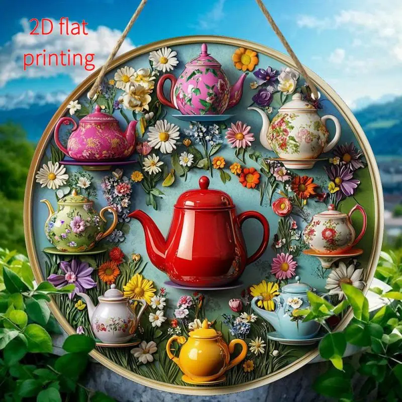 Teapot Pattern Round Wooden Sign, Teapot Theme Hanging Decor, Wall Hanging Decor for Home, Office or Living Room, Ideal Gift, Hangable