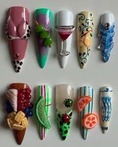 Mediterranean Food Press On Nails, 3D Cocktail Olive Fruit Fish Bikini Summer Handmade Gel Nails