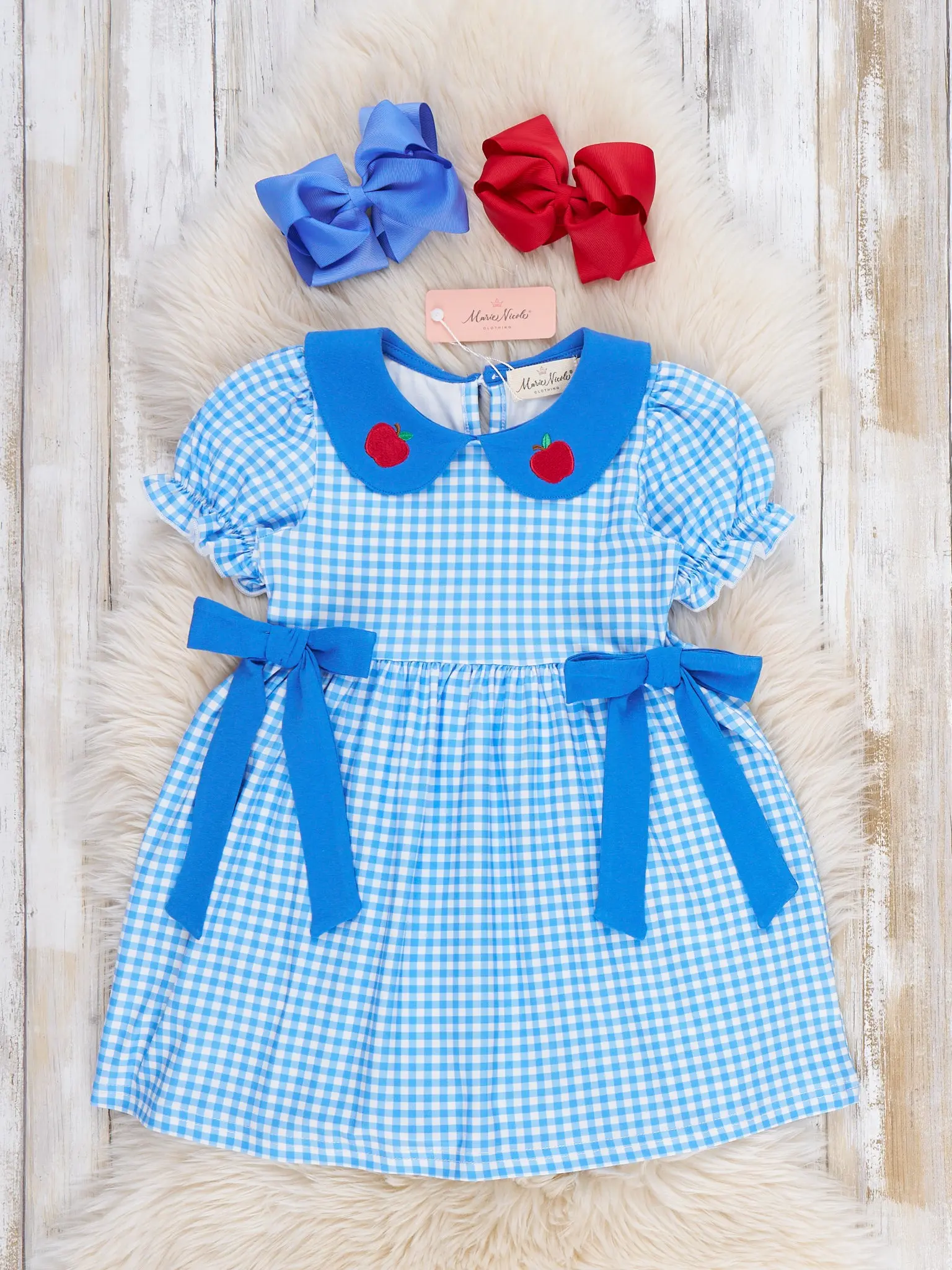 School Bell Apple Gingham Embroidered Dress