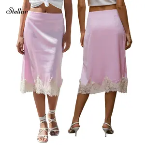 Women's Elegant Satin Midi Skirt Fashionable Solid Color Lace Hem Skirt for Party Work Daily Wear