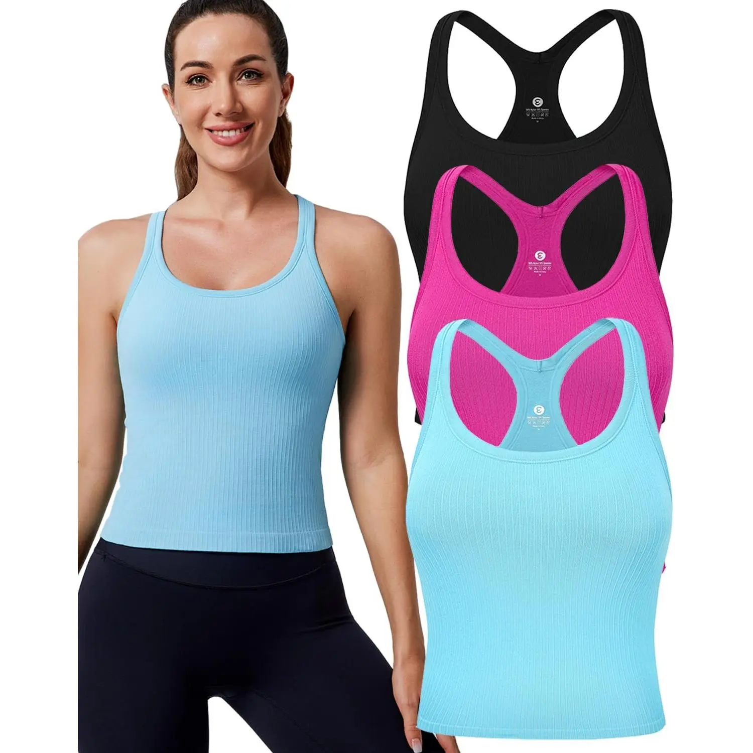 Female Ribbed Fabric Crop Racer Back Seamless Tank Tops - 1/2/3-Pack with Built-in Bra, Sweat Wicking Breathable workout tops Yoga Clothes, Workout Activewear for Gym, Running Outfits, Fitness Sport Top, Fitted Design Activewear Gym Tees Gym Athletic Mesh