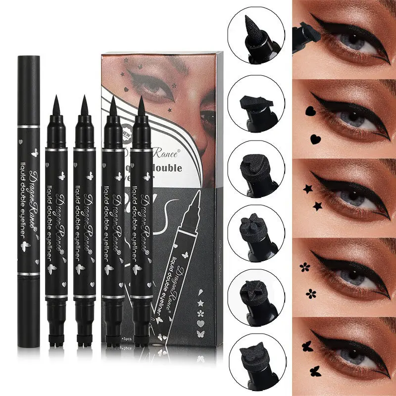 5-Piece Double-Ended Stamp Eyeliner Pen Multi-Pack, Waterproof Long-Lasting Cosmetic with Precise Flexible Tip, Comfortable Grip, Quick-Drying Smooth Formula for Professional Daily Eye Makeup Accessories, Lipliner, Star Eyeliner, Wing Stamp Eyeliner