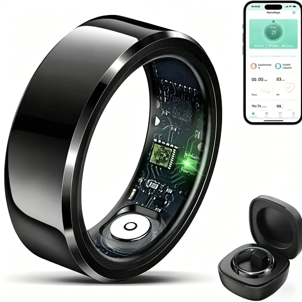 Unisex Adult Smart Health Tracker Ring - IP68 & 5ATM Waterproof, Bluetooth, Android-Compatible, Blood Pressure & Heart Rate Tracking, Sleep Monitor, Multi-Sport Mode, Remote Monitoring, Athletic Performance Compact Fitness Wearable
