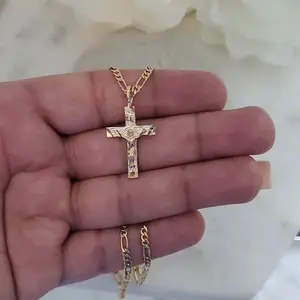 Gold Crucifix Necklace, 2mm Figaro Chain, 14k Heavy Plated Gold