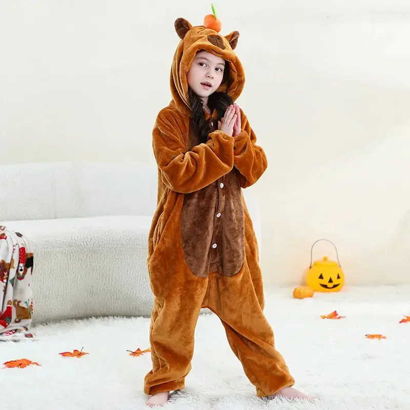 Kids' Polyester Animal Print Full-Body Flannel Jumpsuit - Cosplay Costume (Capybara, Tiger, Panda, Dragon) for Nightgowns & Party Outfits