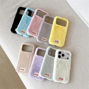 Solid Color Plush Fluffy Phone Case For Pihone 17 Pro Max 16 15 14 Pro Max Plus 13 X INS Korean Cute Shockproof soft Cover