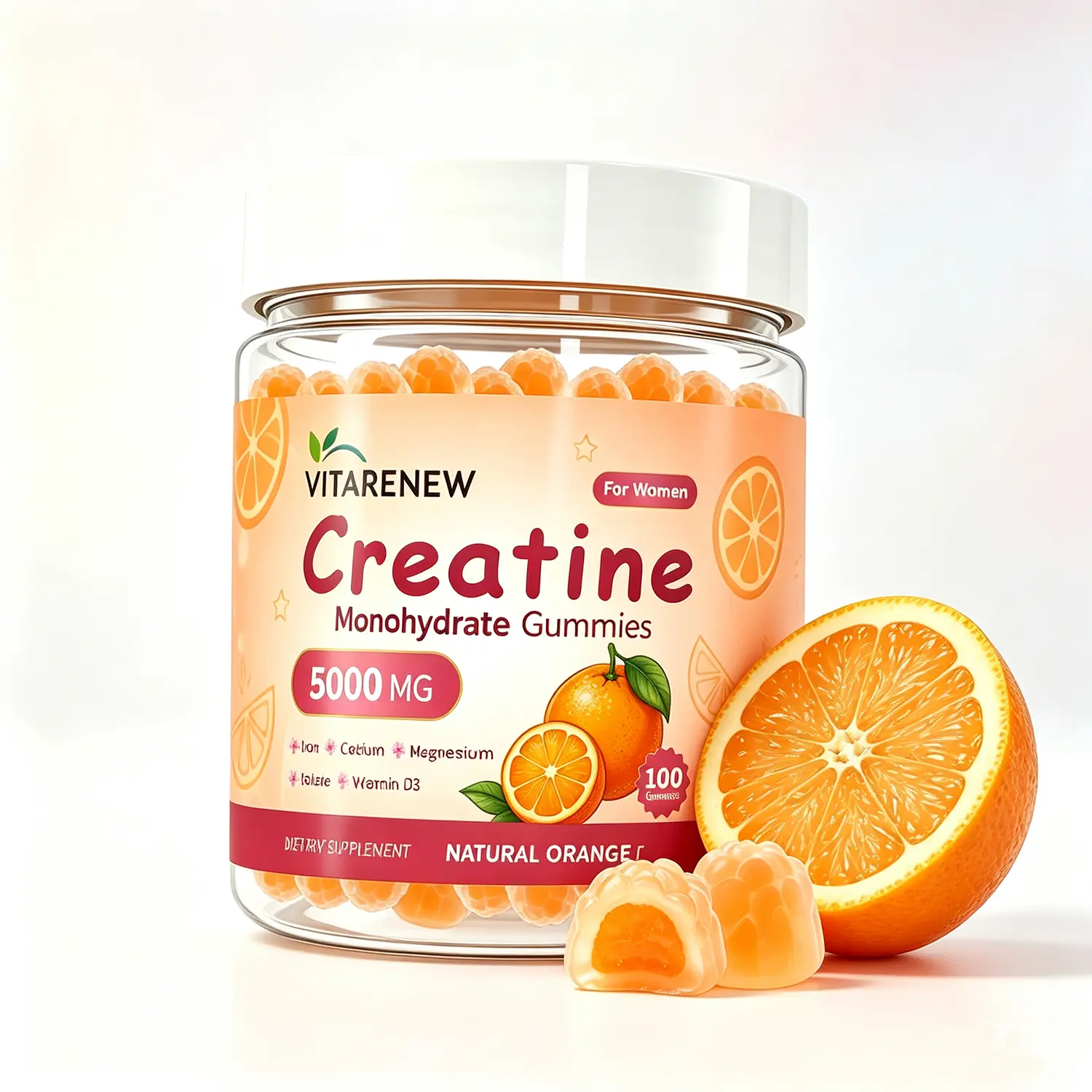 Sugar Free Creatine Gummies for Women | 5000mg Creatine Monohydrate with Iron, Calcium, Magnesium, Folate & Vitamin D3 | Orange Flavor | Supports Muscle Strength, Energy & Bone Health | Pre & Post Workout | 100 Gummies