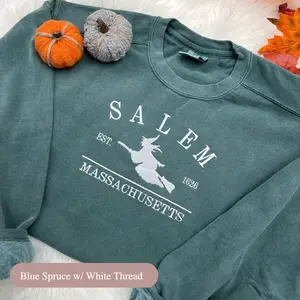 Salem Massachusetts Sweatshirt | Spooky Season Embroidered Halloween Apparel | Vintage Witch Design | Cozy Fall Sweater | Soft Cotton Blend | Perfect for Halloween and Everyday Wear | Durable and Machine Washable