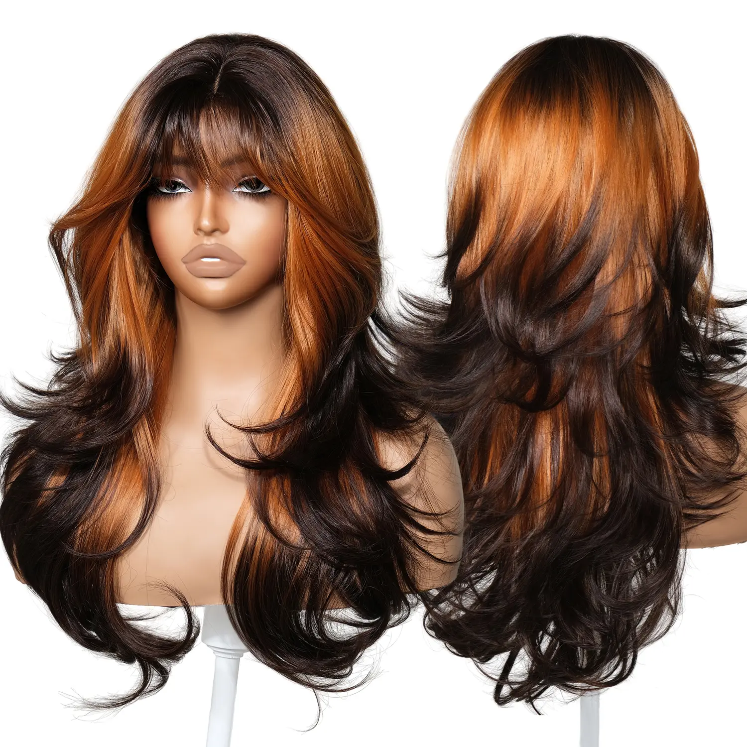 BrownBomb 24 Inch Airy Bangs Layered Wig Glueless, Adjustable Drawstring Cap, Breathable & Lightweight, Natural Hairline with Scalp Simulation, Heat-Friendly Fiber, Perfect for Commute, Dates & Travel