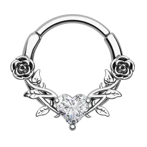 Oufer 16G Rose Love Heart CZ Gem Clicker Septum Ring, Women's Body Piercing Jewelry