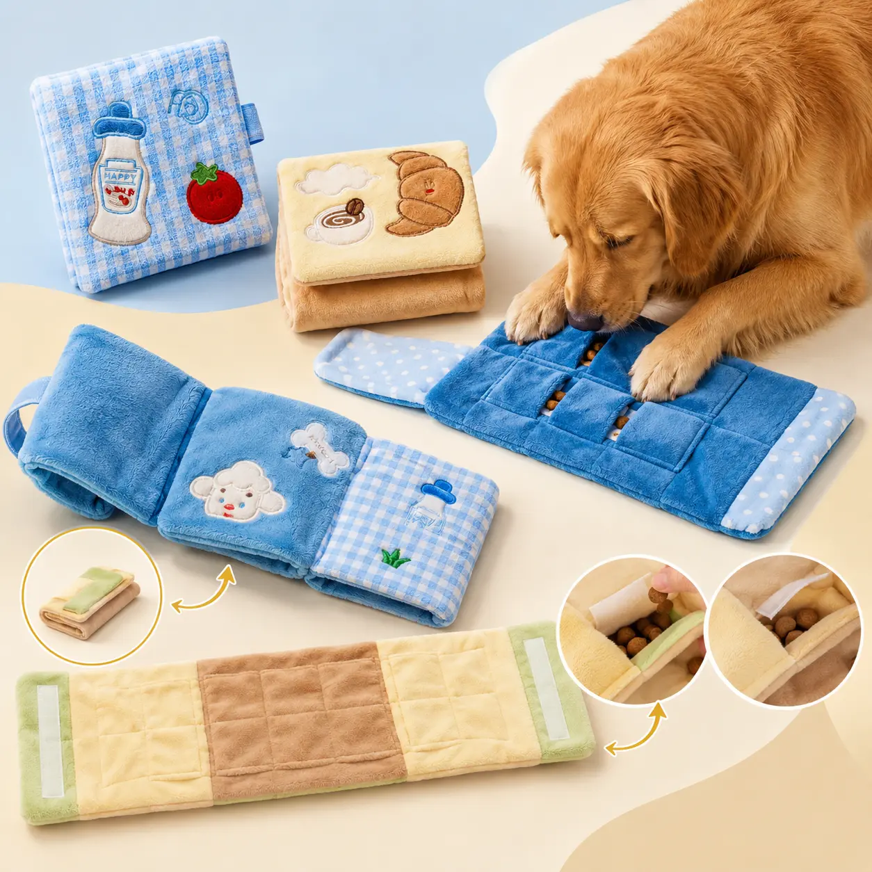 Foldable Snuffle Wallet Dog Toys, Hidden Treat Puzzle Toys with Built-in Squeaker & Crinkle Paper, Interactive Enrichment Sniffing Toys for Small, Medium & Large Dogs (Lamb, Puppy, Milk Bottle & Croissant)