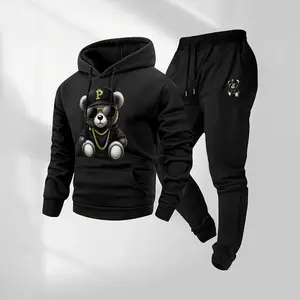 Men's Hiphop Bear Patterned Hoodie And Drawstring Track Pants Set, Men's Casual Athletic Long-Sleeved Hooded Jacket And Pants, Suitable For Fall And Winter, Street Style Hoodie Set, Men's Everyday Wear, Indoor And Outdoor Sportswear,