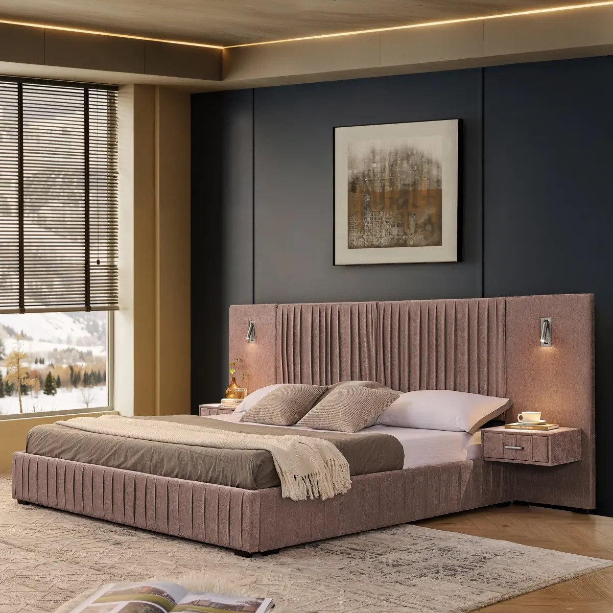 Luxury King Size Bed Frame with Oversized Upholstered Headboard, Modern Glam Chenille Upholstered Platform Bed Frame with LED Lights, Nightstands, No Box Spring Needed, Blush Pink, Bed Frame King Size