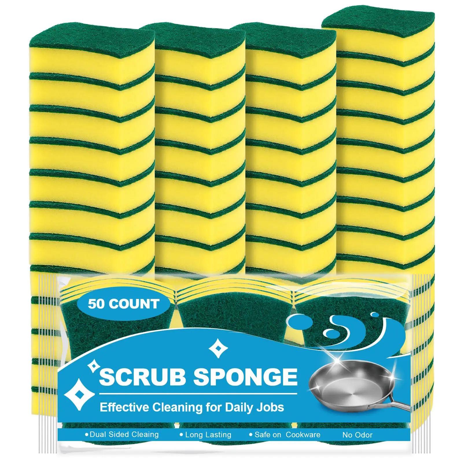 Scrub Sponges Kitchen 50 Count, Heavy Duty Dish Sponge for Cleaning, Dual Sided Powerful Scrubbing Sponge for Washing Dishes, Pots, Pans and Surfaces