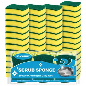 Scrub Sponges Kitchen 50 Count, Heavy Duty Dish Sponge for Cleaning, Dual Sided Powerful Scrubbing Sponge for Washing Dishes, Pots, Pans and Surfaces