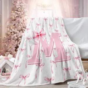 Personalized Letter M Bow Flannel Throw Blanket, Coquette Pink Ribbon Monogram Print Blanket, Multi-use Ultra-Soft Lightweight Blanket for Bed Sofa Cover, Perfect Gift for Girls, Birthdays & Bridal Showers