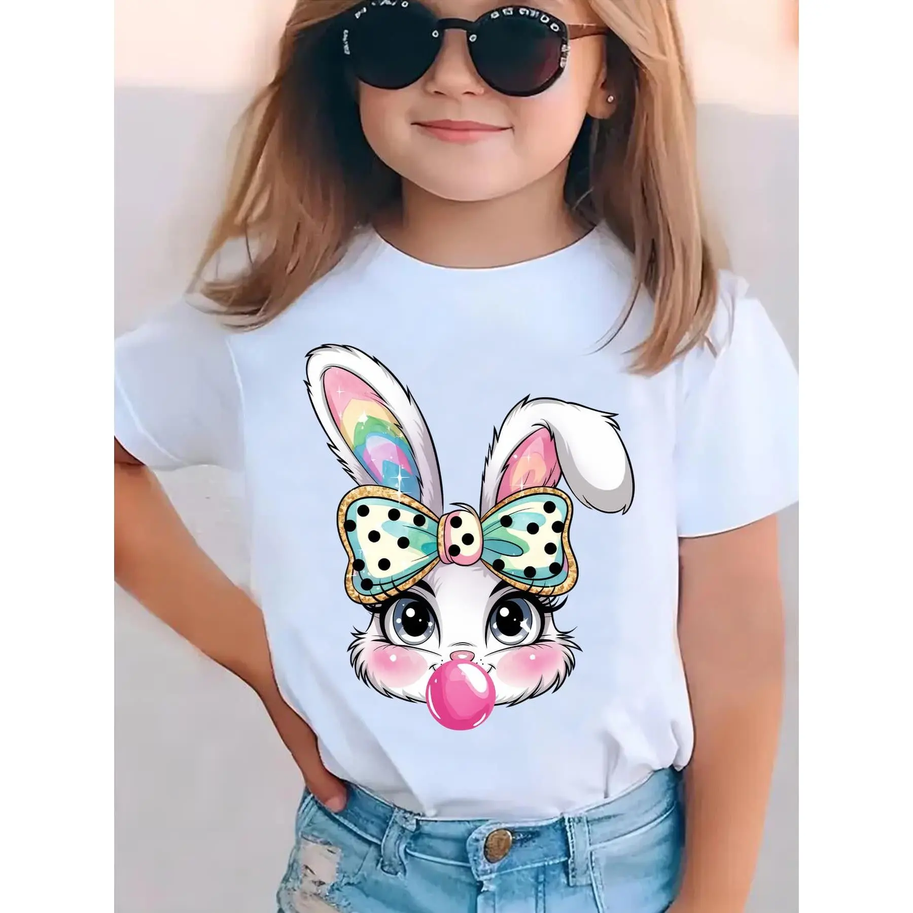 EASTER" Summer Fashion Girls' Short-Sleeve T-Shirt "Bubble-Blowing Rabbit" Cartoon Print Casual Versatile