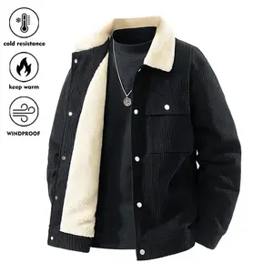 Heavyweight New Winter Coat for Men, Casual Thick Fleece Jacket with Lapel Collar and Multiple Pockets, Corduroy Shearling Wool Lined Outerwear Suitable for Autumn and Winter Daily Wear Menswear Tops Beige Black