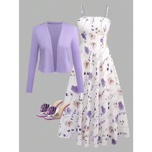 Women's Elegant Ditsy Floral Camisole Dress Flared, With Knitted Cardigan 2-Piece Set Summer Vacation Spring